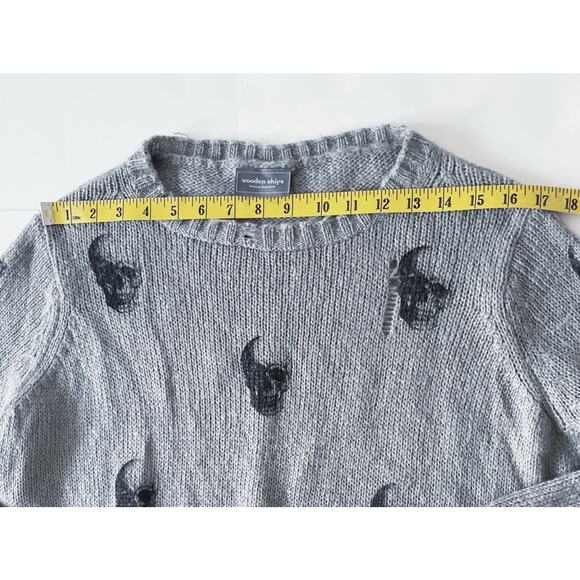 Wooden Ships Distressed Skull Sweater Women XS Gray Boxy Mohair Wool Goth Cozy - Picture 4 of 11
